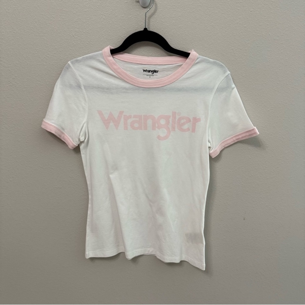 Wrangler White Baby Tee Pink Trim Logo Graphic Small